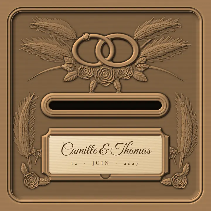 Couvercle d’urne sculpté vu de dessus : éventail de pampa, deux alliances entrelacées, trois roses, la fente à cartes et la plaque « Camille & Thomas, 12 juin 2027 » encadrée de deux bouquets.
