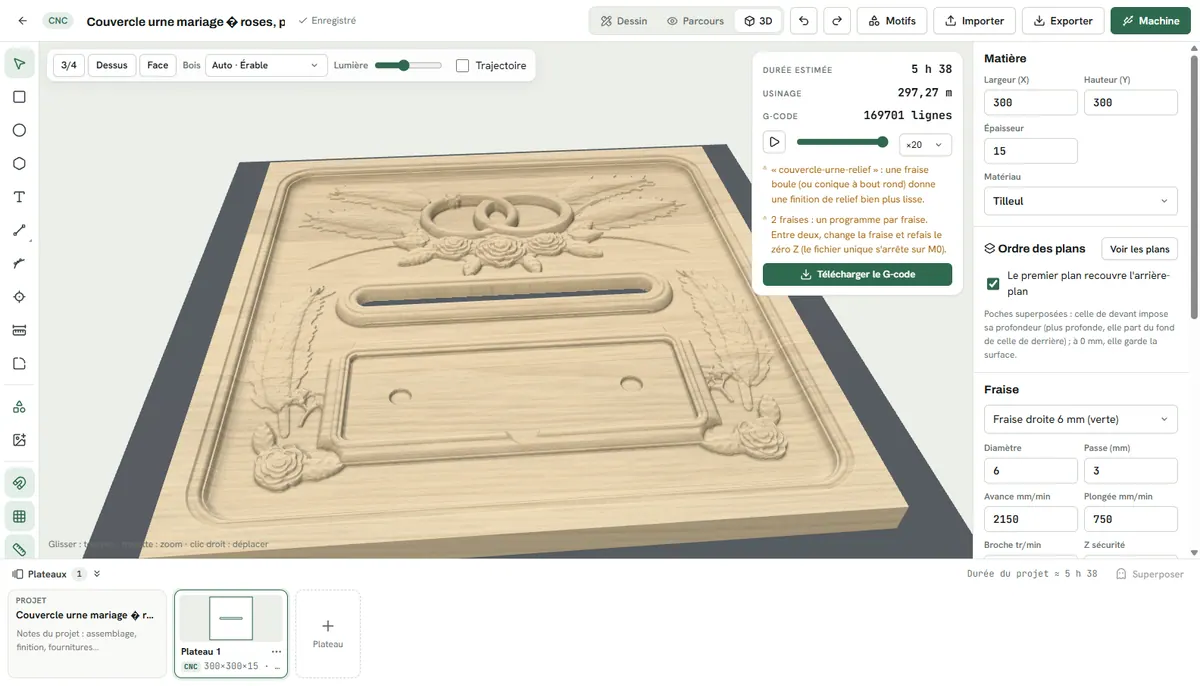 Simulation d’usinage dans L’Atelier d’Iliade : le couvercle d’urne en relief sur la planche, avant la CNC