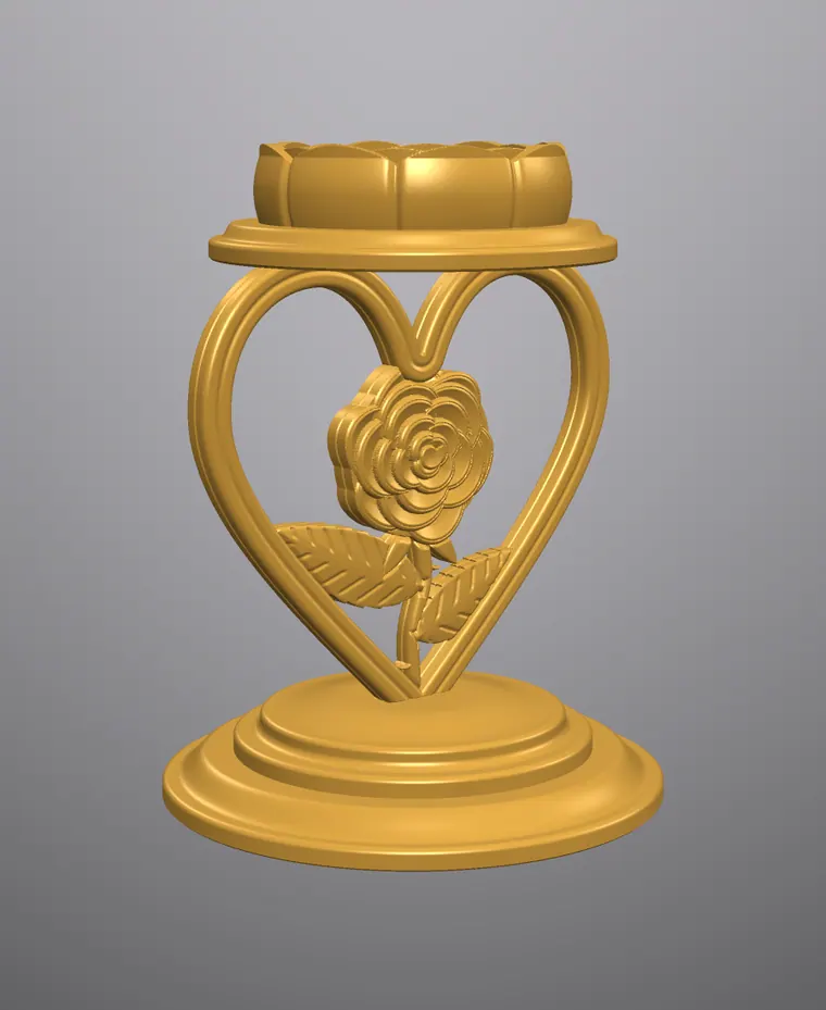Bougeoir en forme de cœur avec une rose et des feuilles, sur un socle rond (rendu 3D)
