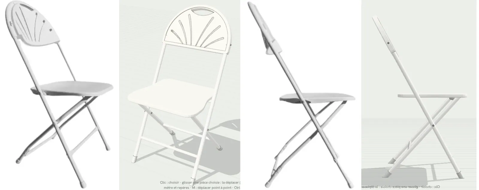 Une chaise de location reproduite en 3D : photo du vrai modèle à gauche, modèle 3D à droite