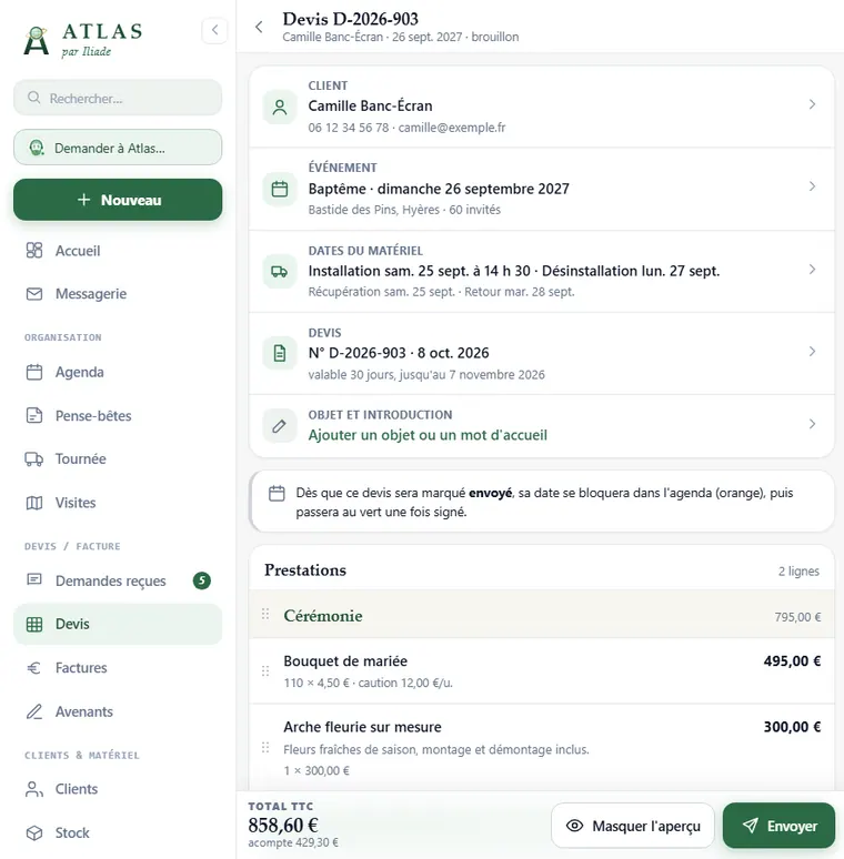 Atlas, mon logiciel de gestion : un devis en cours de rédaction (données fictives)