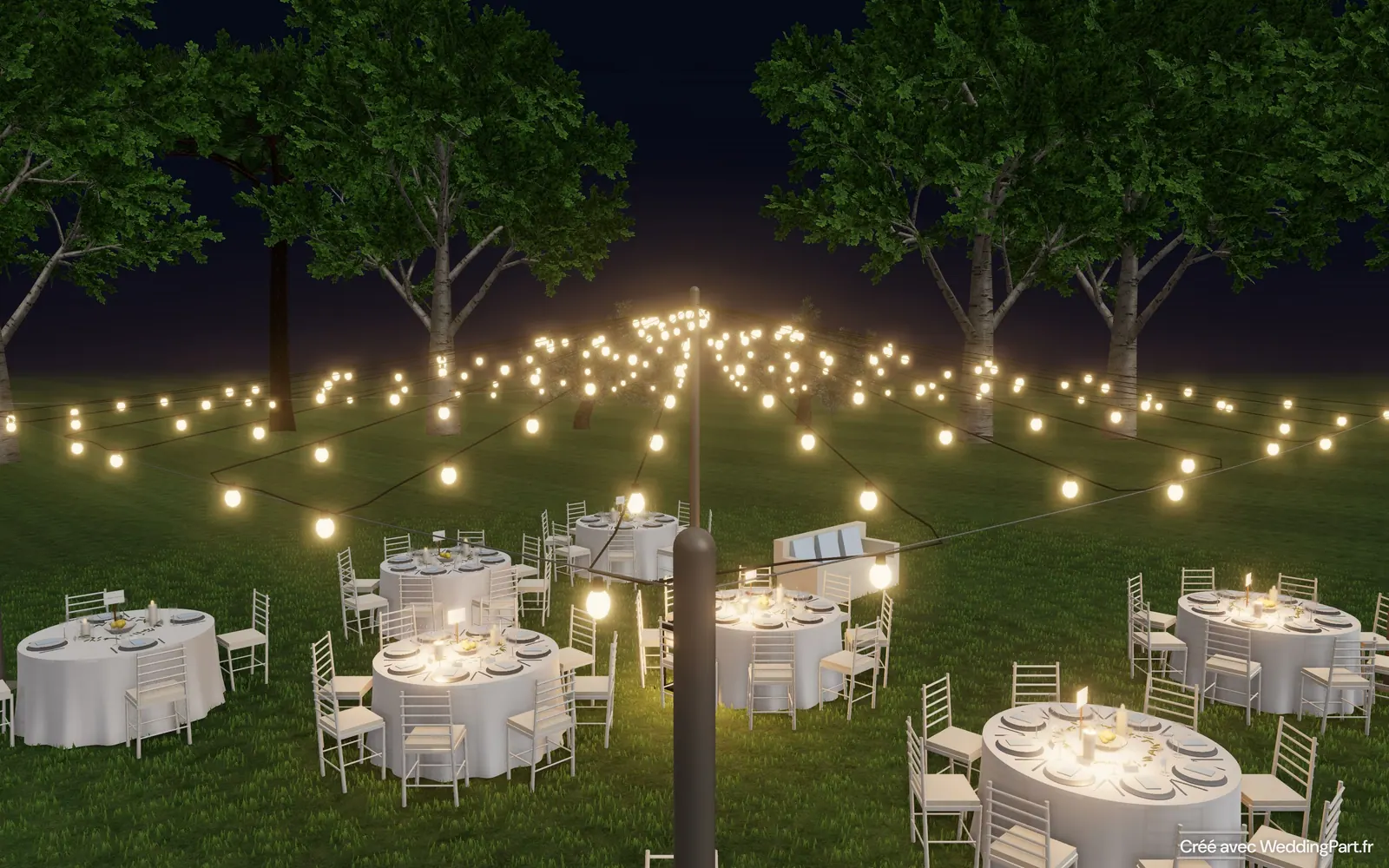 Visite 3D d’une réception en extérieur, de nuit, sous des guirlandes guinguette, dans WeddingPart