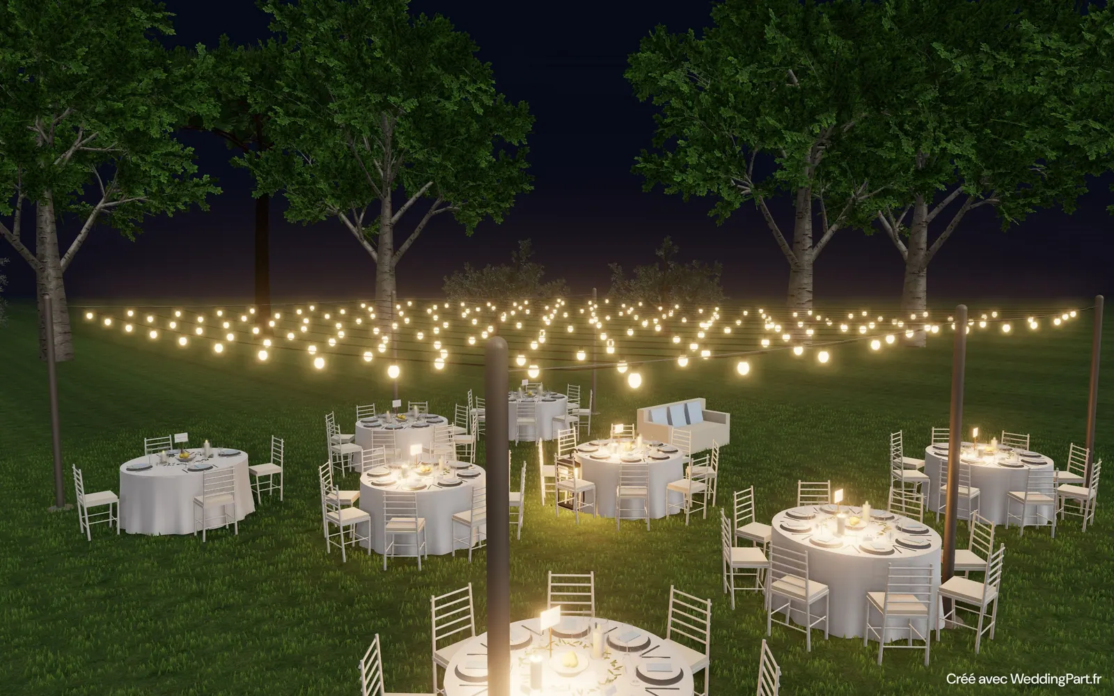 Réception dans un jardin en 3D, la nuit, sous des guirlandes guinguette