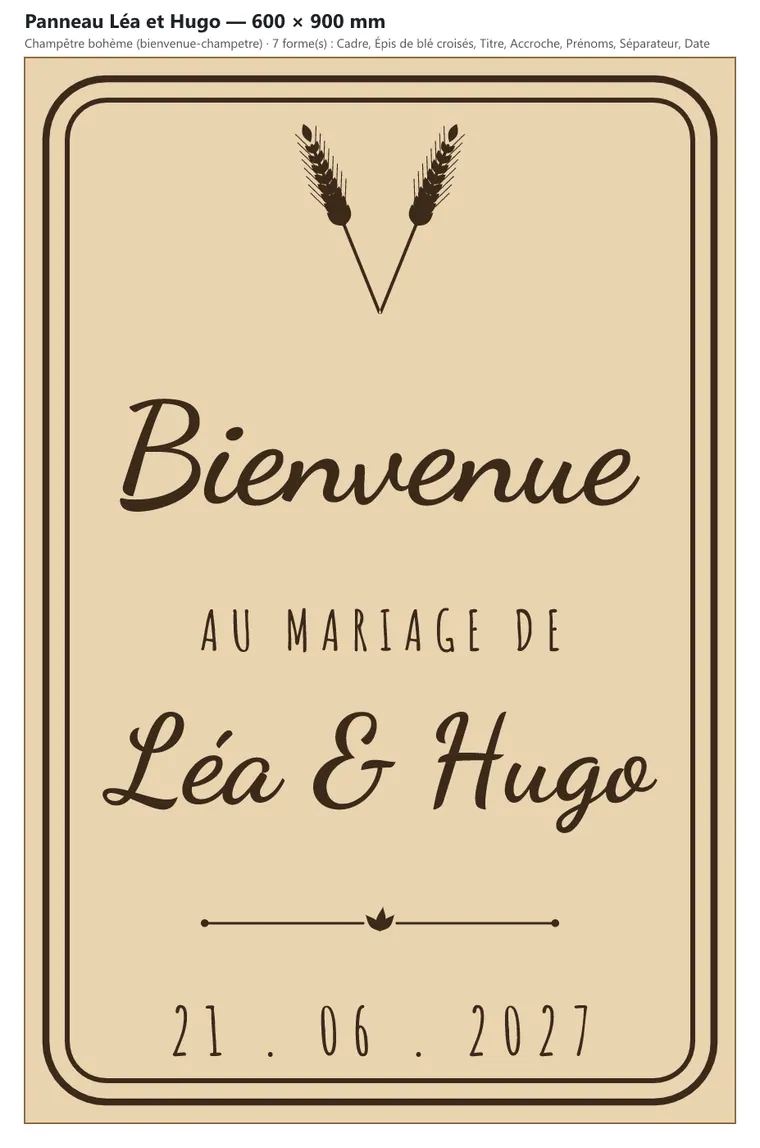 Panneau de bienvenue de mariage 600 × 900 mm, motifs et prénoms, prêt à graver