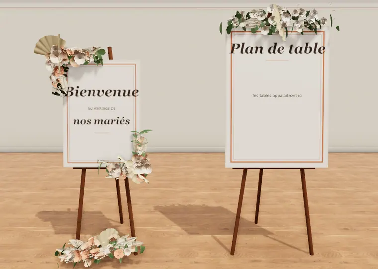 Panneau de bienvenue et plan de table sur chevalets, décorés de fleurs, en 3D