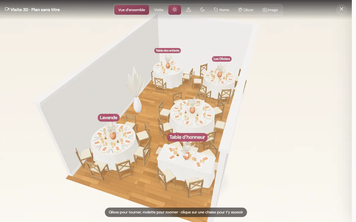 Vue d’ensemble d’une salle en 3D avec le nom de chaque table au-dessus des tables