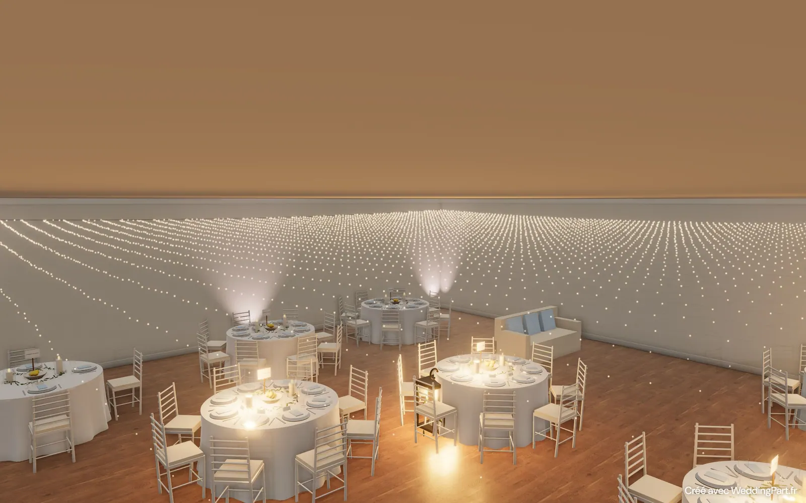 Salle de réception en 3D, la nuit, sous un ciel de guirlandes lumineuses