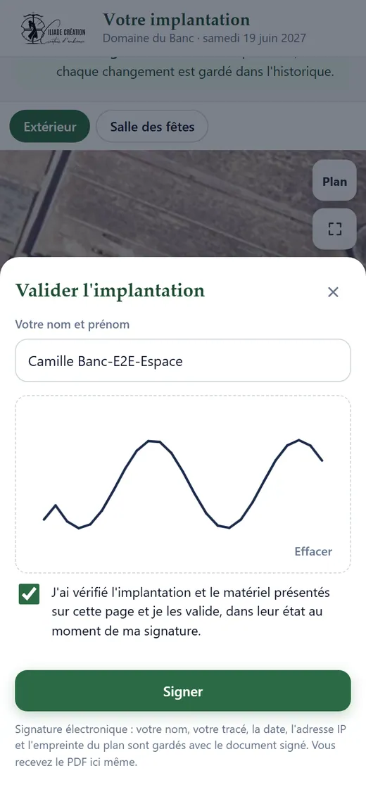 Lien envoyé au client : il valide le plan et signe au doigt