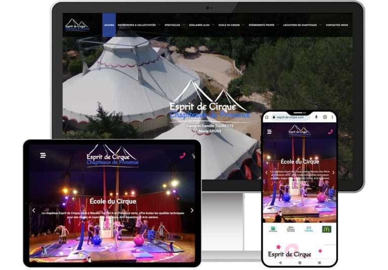 Réalisation du site esprit de cirque : visuel de la réalisations sur plusieurs écrans
