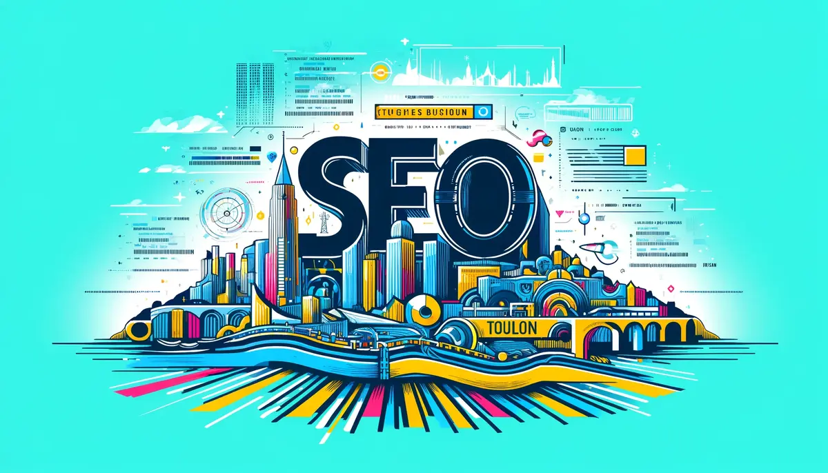 Agence SEO Toulon - Illustration en pleine page et en paysage qui met en avant les mots 'SEO' et 'Toulon' en grande typographie audacieuse. Le fond combine des éléments de technologie SEO et des aspects urbains de Toulon, incluant des lignes de code, des graphiques de données, des silhouettes de la ville et des éléments de carte. La palette de couleurs est vive et moderne avec des teintes de bleu, vert, jaune et rose, évoquant une ambiance technologique. Cette image représente visuellement les services d'une agence SEO à Toulon.