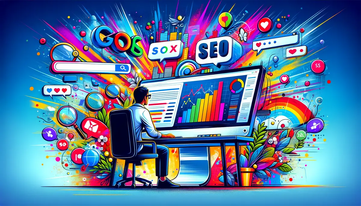 Une illustration dynamique en mode bande dessinée représentant un consultant SEO travaillant devant un grand écran d'ordinateur, entouré par des icônes de moteurs de recherche et des bulles de mots-clés. Le décor est un bureau moderne avec des éléments rappelant le travail de SEO, capturant l'engagement et la passion du consultant pour optimiser la visibilité en ligne des entreprises.