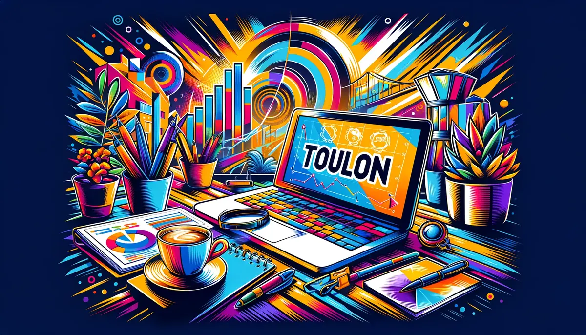 consultant Seo Toulon - Illustration graphique large, vibrante et artistique du bureau d'un consultant SEO à Toulon, avec le mot 'Toulon' affiché de manière proéminente. L'image comprend un ordinateur portable aux couleurs vives avec des graphiques dynamiques, une tasse de café colorée, et un bloc-notes avec un stylo sur un bureau stylé, dans une palette de couleurs modernes et énergiques.