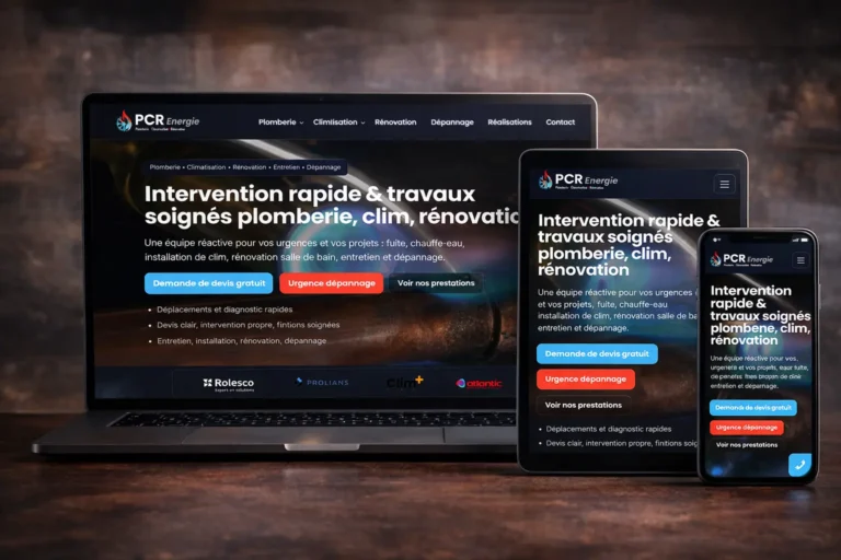 Présentation du site PCR Énergie affiché sur ordinateur, tablette et mobile, montrant la page d’accueil avec services de plomberie, climatisation, rénovation et dépannage dans une interface responsive.