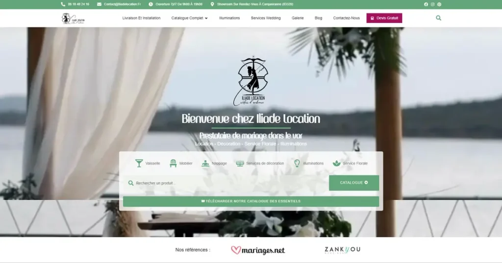 aperçu visuel de ma réalisation Iliade Location, site spécialisé dans la prestation de mariage.
