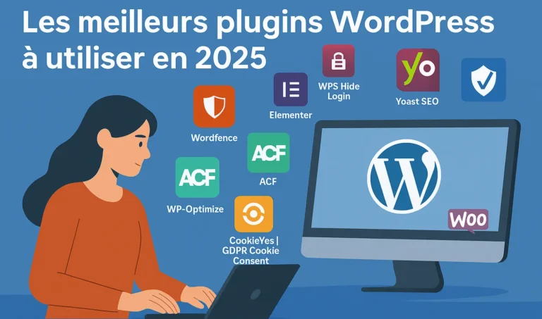 Illustration des meilleurs plugins WordPress à utiliser en 2025 avec logos de Yoast SEO, Elementor, ACF, Wordfence, WP-Optimize et WooCommerce sur fond bleu