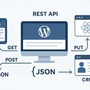 Schéma illustrant le fonctionnement de la WordPress REST API avec JSON, endpoints, et connexions externes
