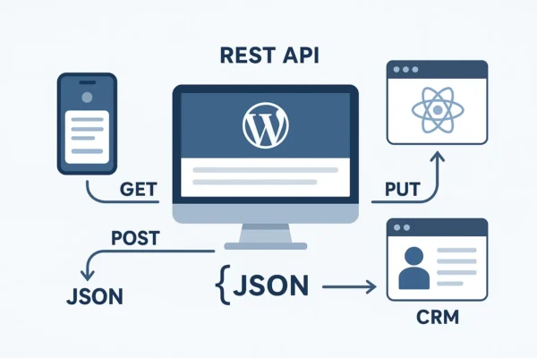 Schéma illustrant le fonctionnement de la WordPress REST API avec JSON, endpoints, et connexions externes