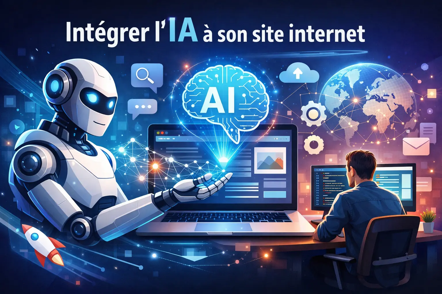 Illustration montrant l’intégration de l’intelligence artificielle à un site internet, avec un assistant IA et un développeur travaillant sur une interface web moderne.