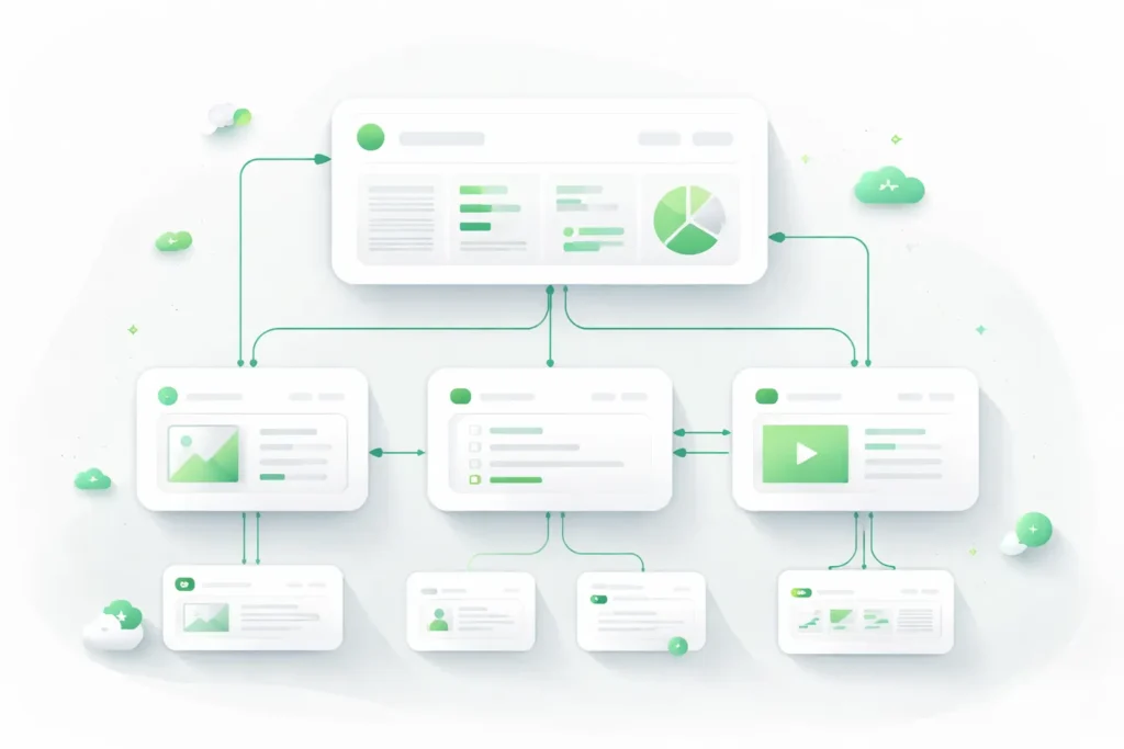 Illustration abstraite représentant un plan de site SaaS avec des cartes d’interface reliées et une hiérarchie claire